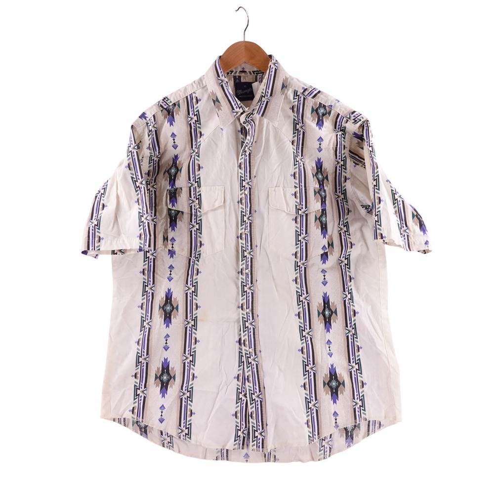 Vintage Wrangler Mens XL Western Shirt Pearl Snap Southwestern Print White Short